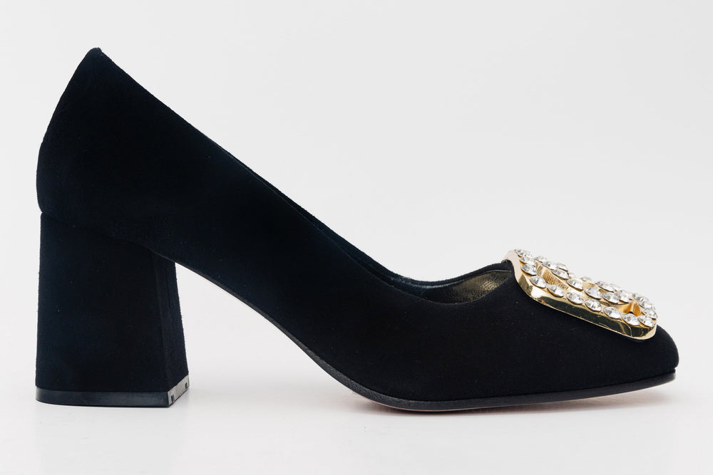 The California Black Suede Leather Block Heel Pump Shoe