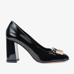 The Ferrara Black Patent Leather Block Heel Pump Shoe
