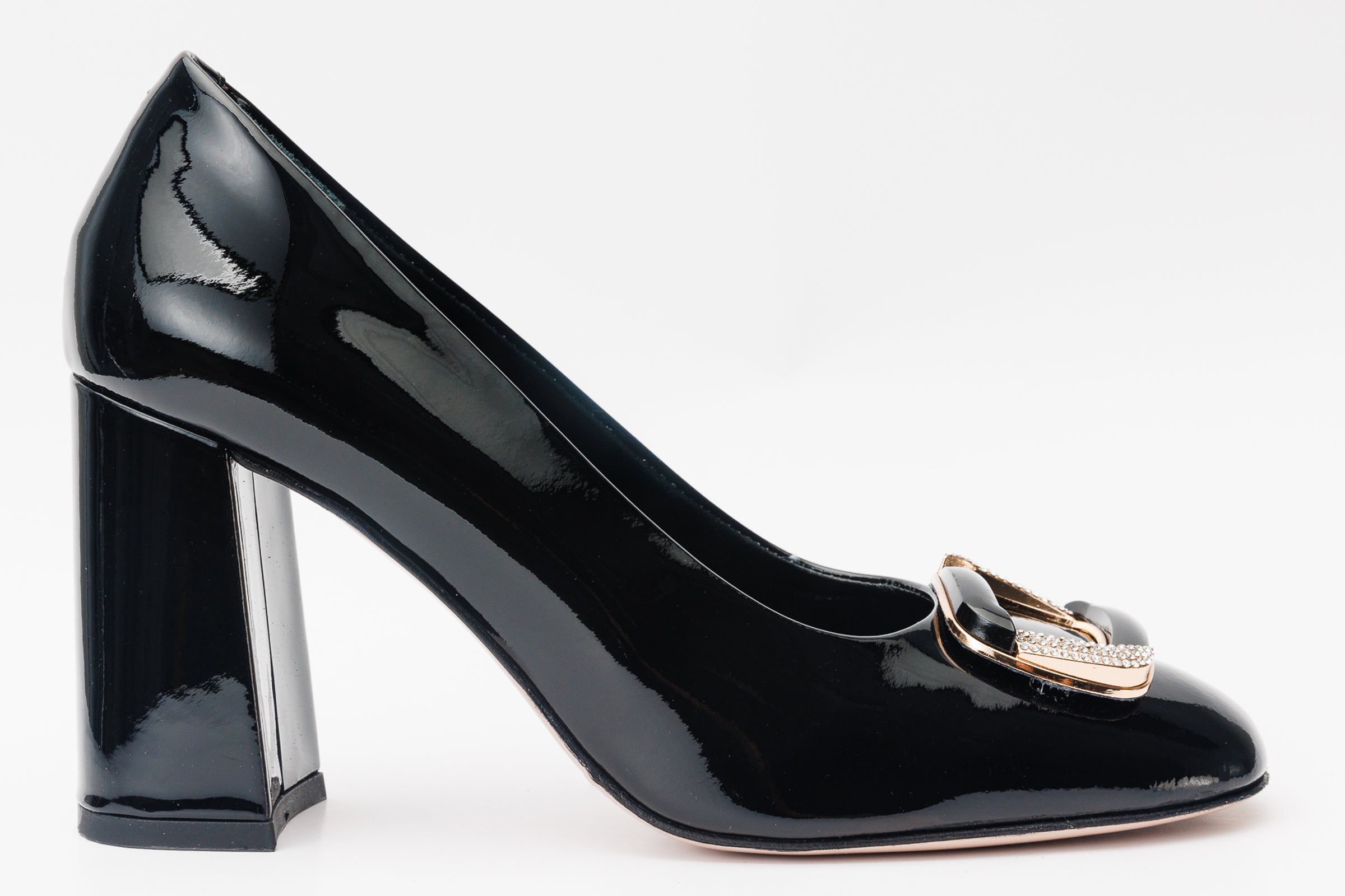 The Ferrara Black Patent Leather Block Heel Pump Shoe