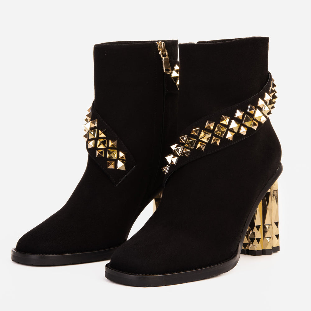 The Metal Black Suede Leather Block Heel Boot