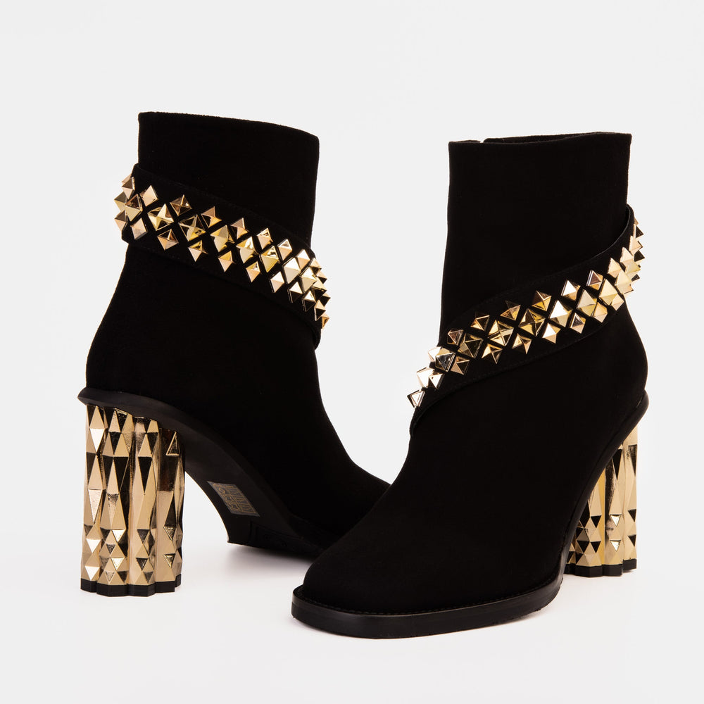 The Metal Black Suede Leather Block Heel Boot