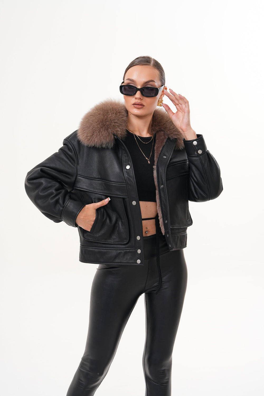 The Auretta Brown Collar Shearling Leather Jacket