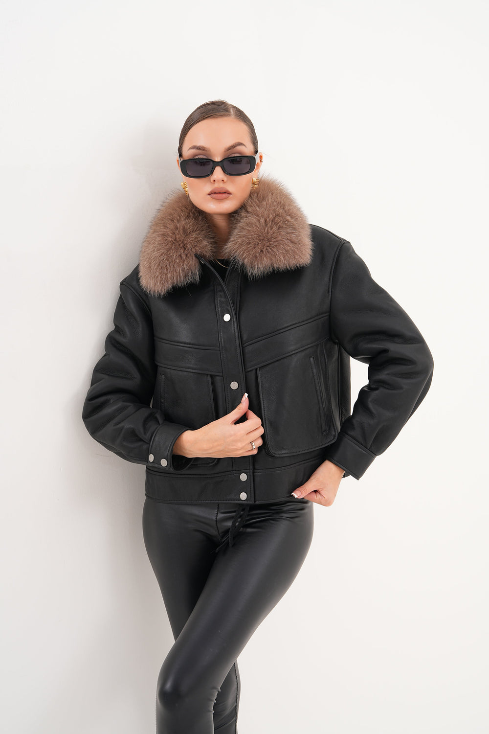 The Auretta Brown Collar Shearling Leather Jacket