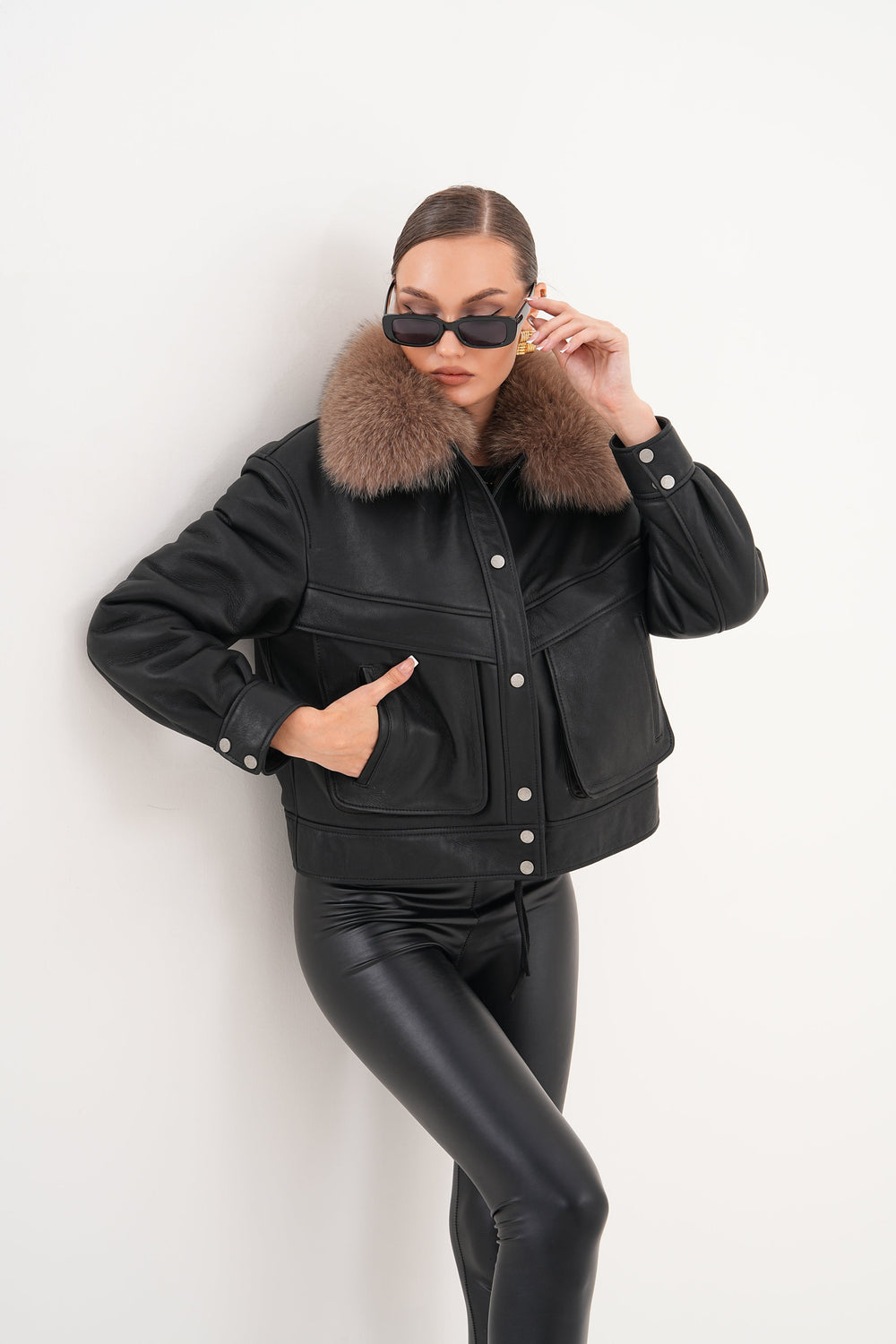 The Auretta Brown Collar Shearling Leather Jacket