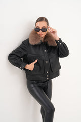 The Auretta Brown Collar Shearling Leather Jacket