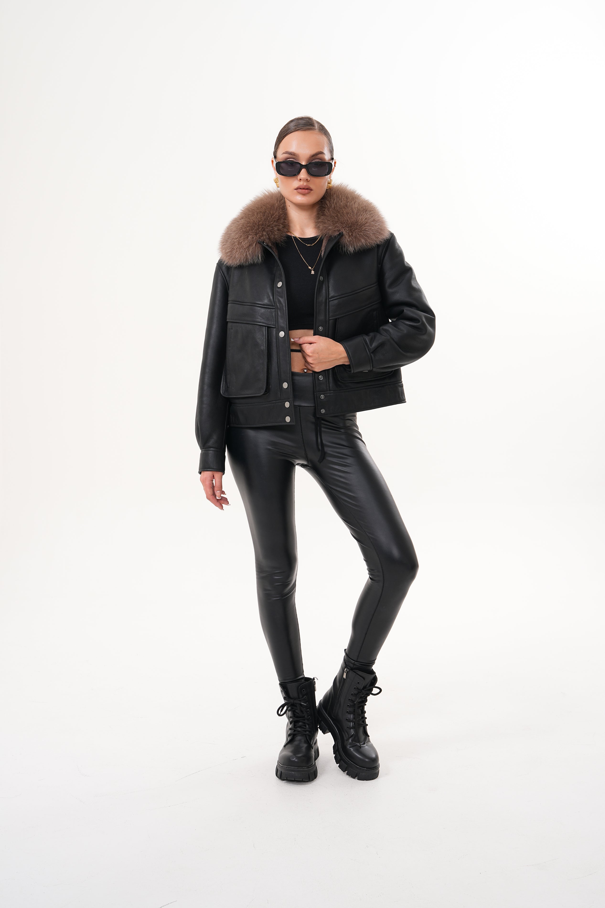 The Auretta Brown Collar Shearling Leather Jacket