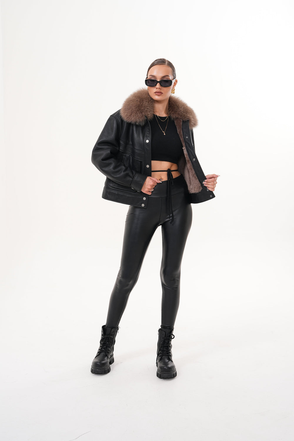 The Auretta Brown Collar Shearling Leather Jacket