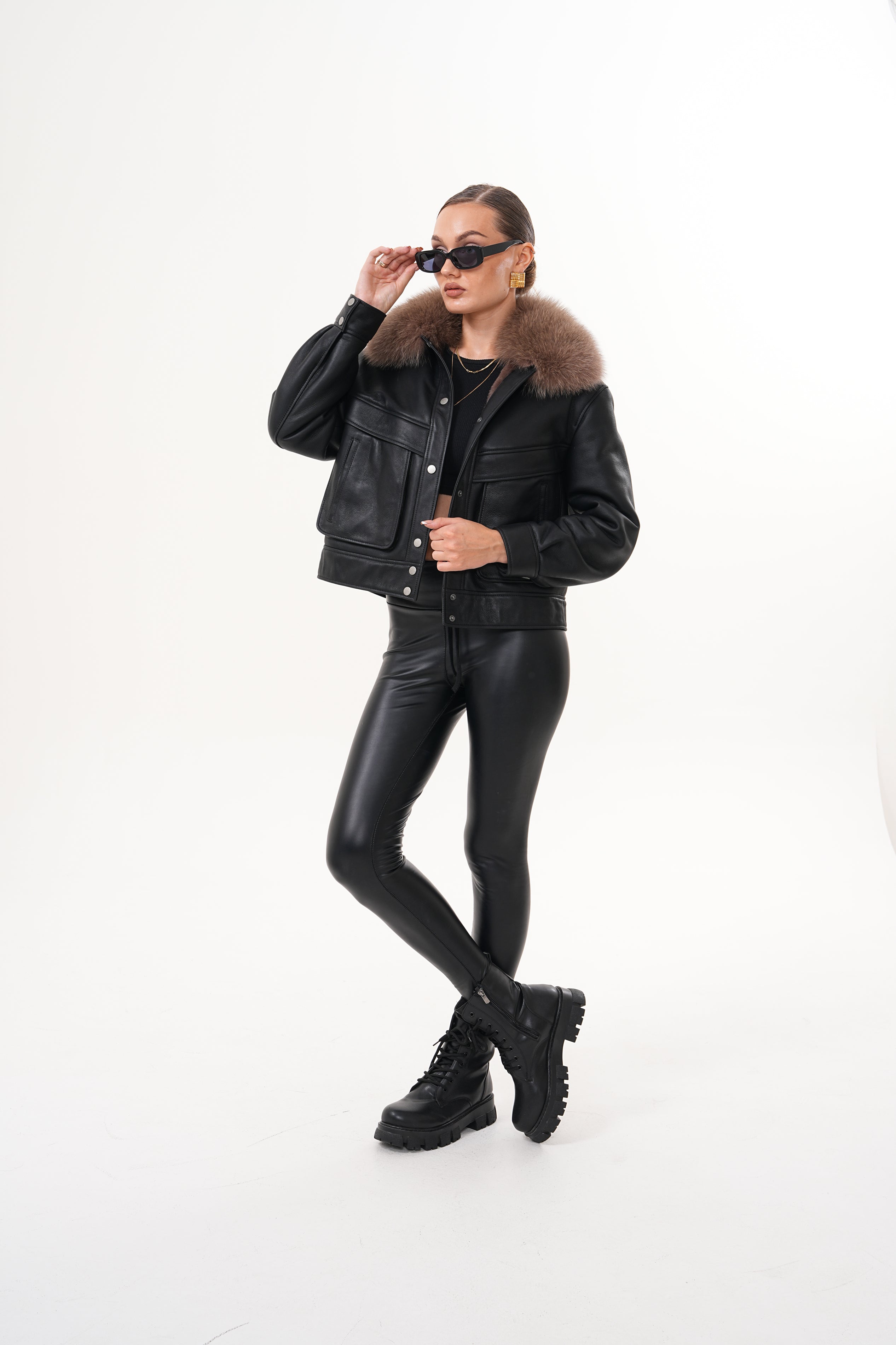 The Auretta Brown Collar Shearling Leather Jacket