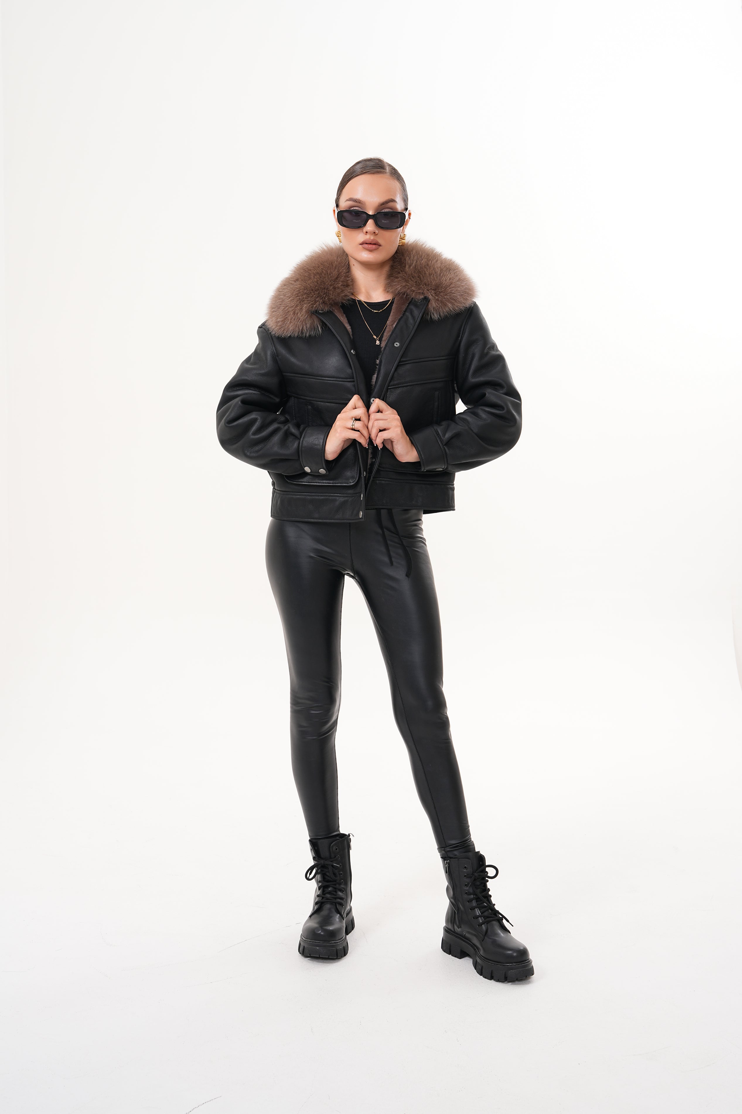 The Auretta Brown Collar Shearling Leather Jacket