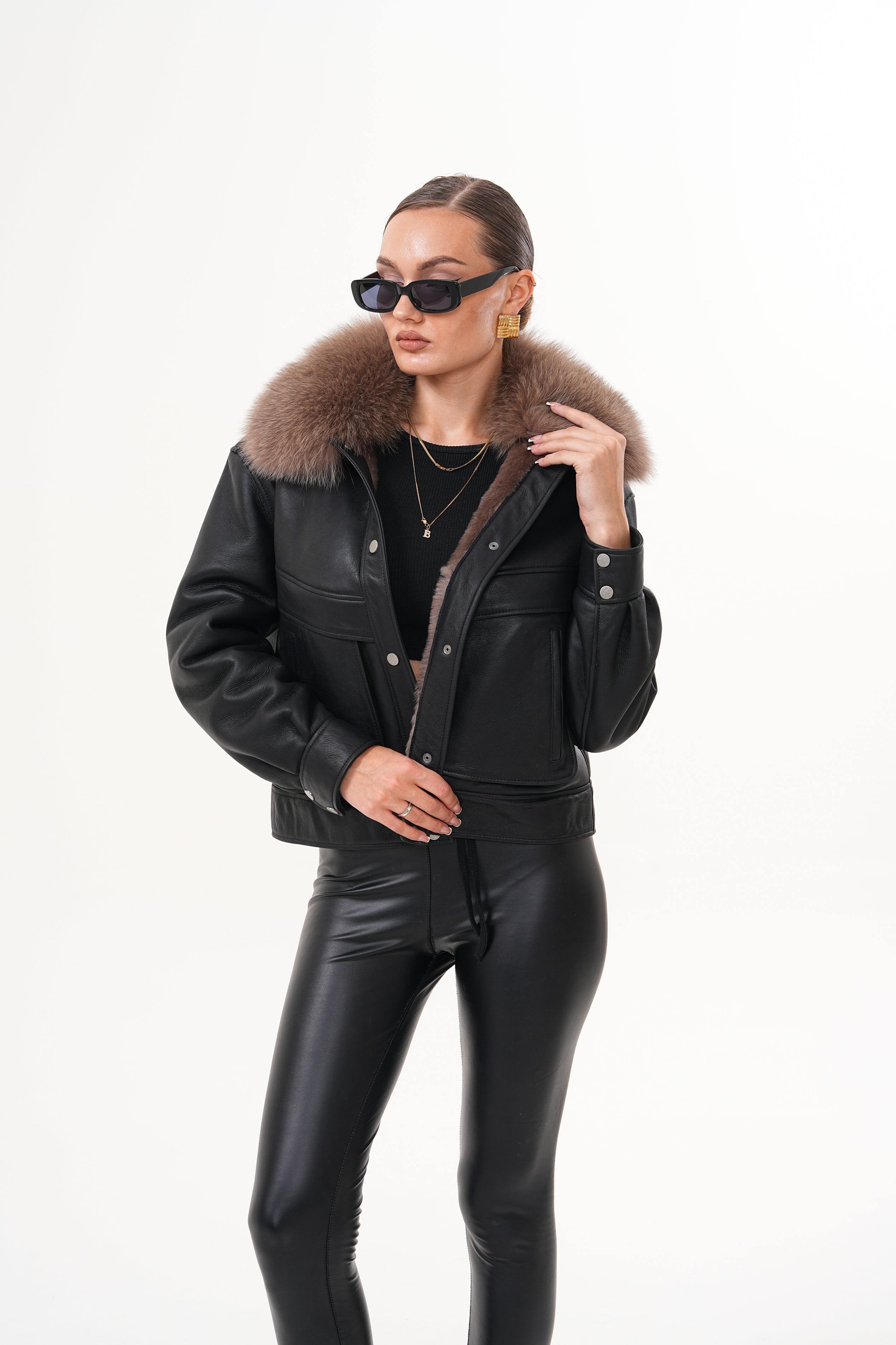 The Auretta Brown Collar Shearling Leather Jacket