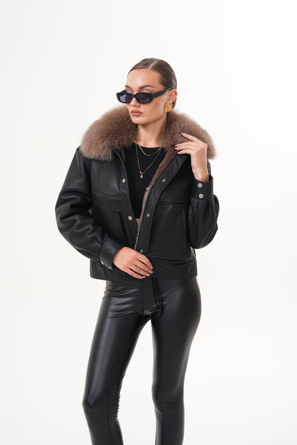 The Auretta Brown Collar Shearling Leather Jacket