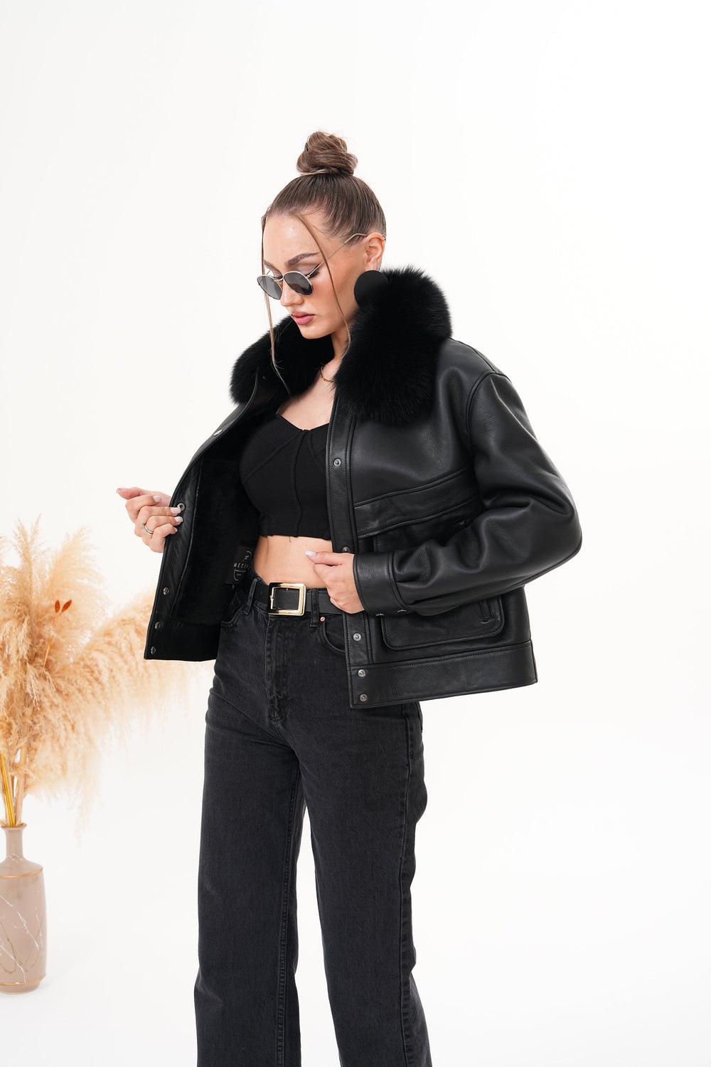 The Auretta Black Shearling Leather Jacket