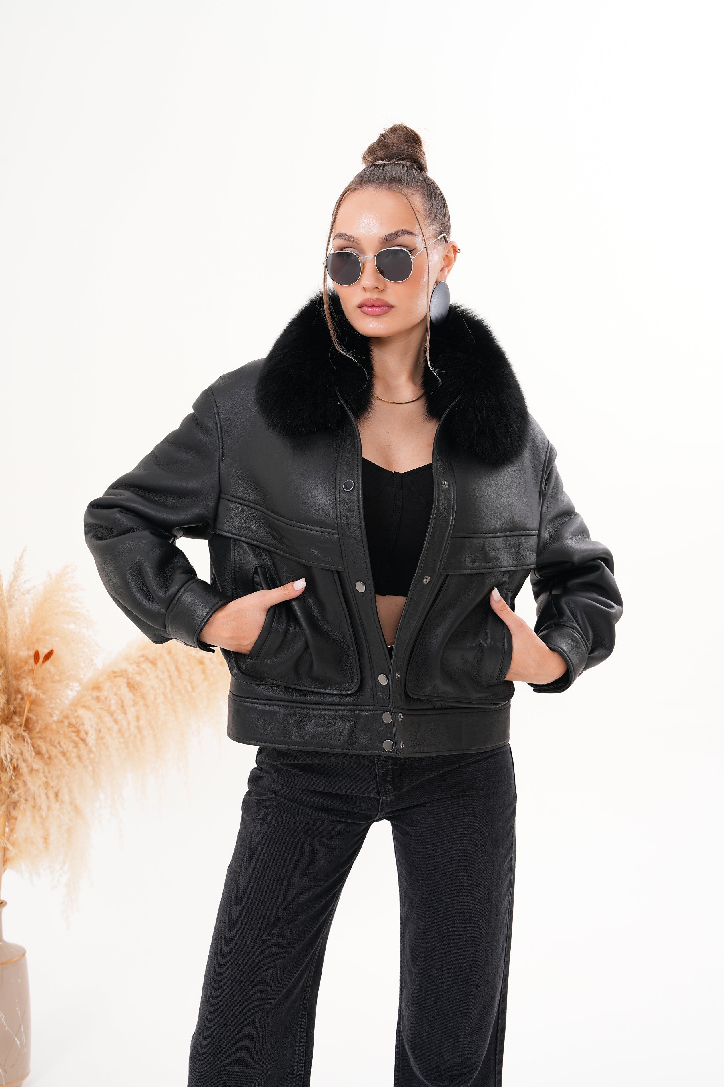 The Auretta Black Shearling Leather Jacket