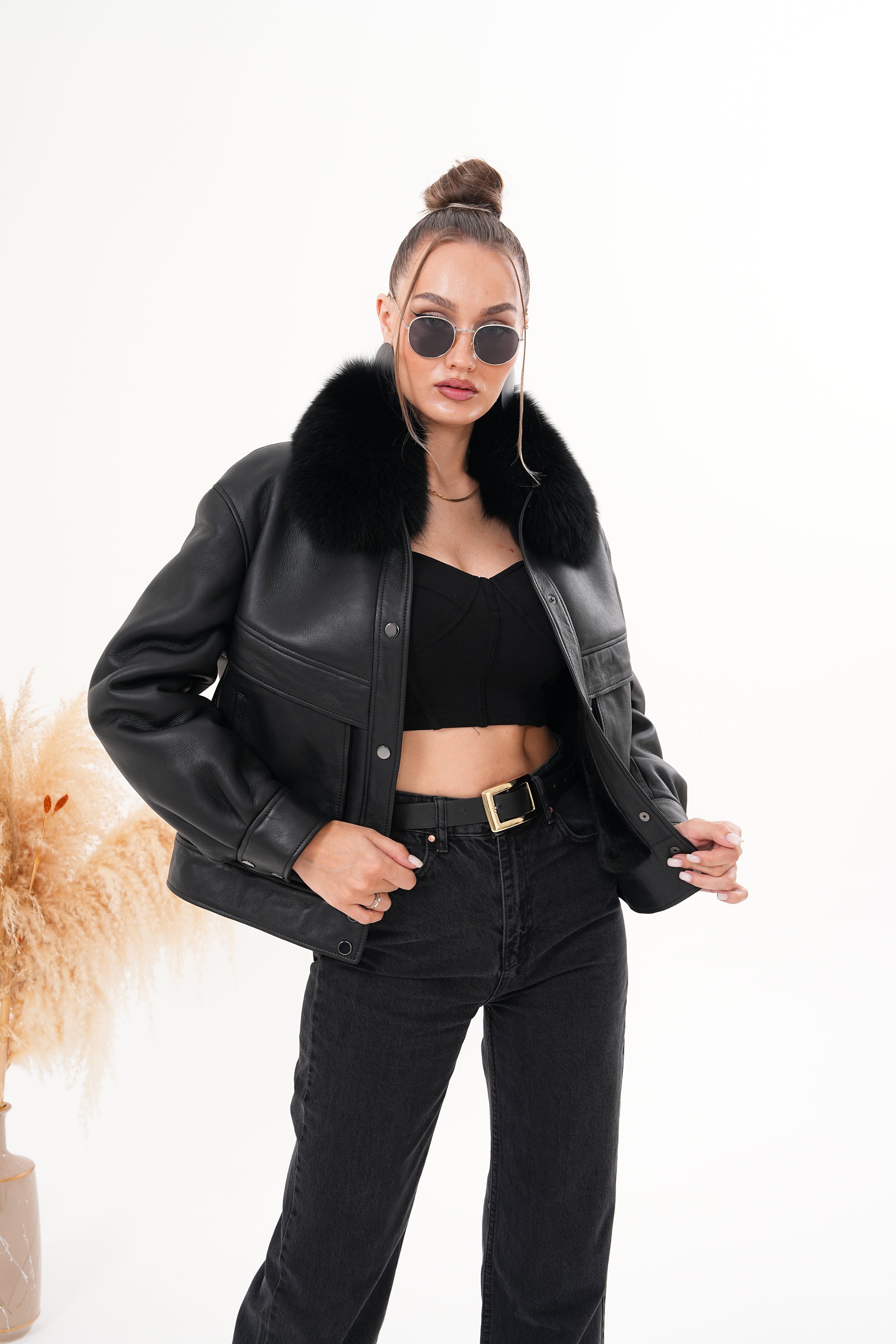 The Auretta Black Shearling Leather Jacket