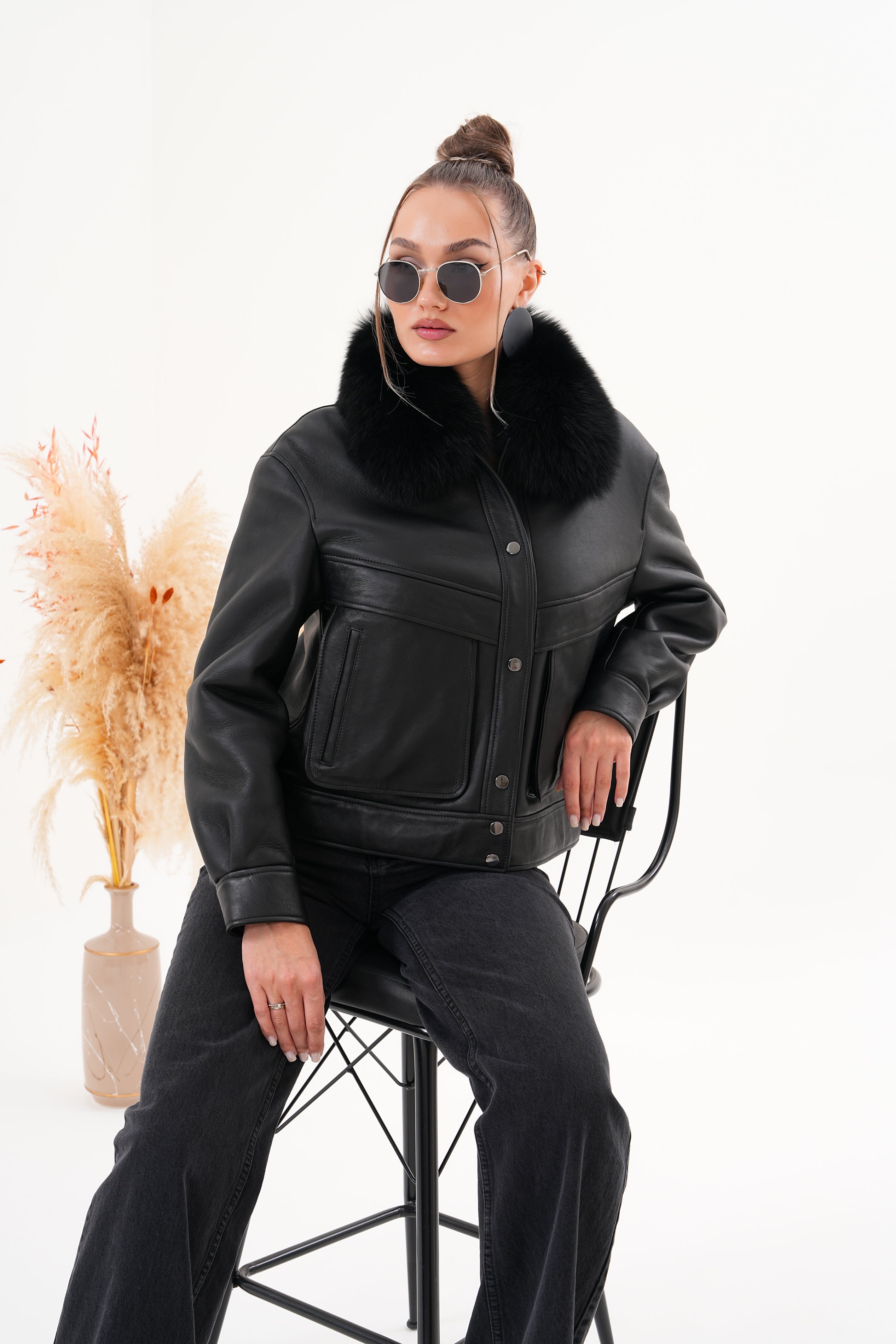 The Auretta Black Shearling Leather Jacket