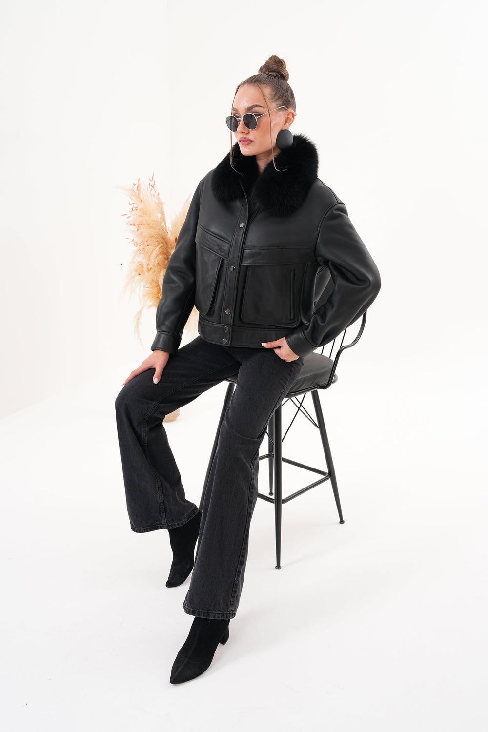 The Auretta Black Shearling Leather Jacket