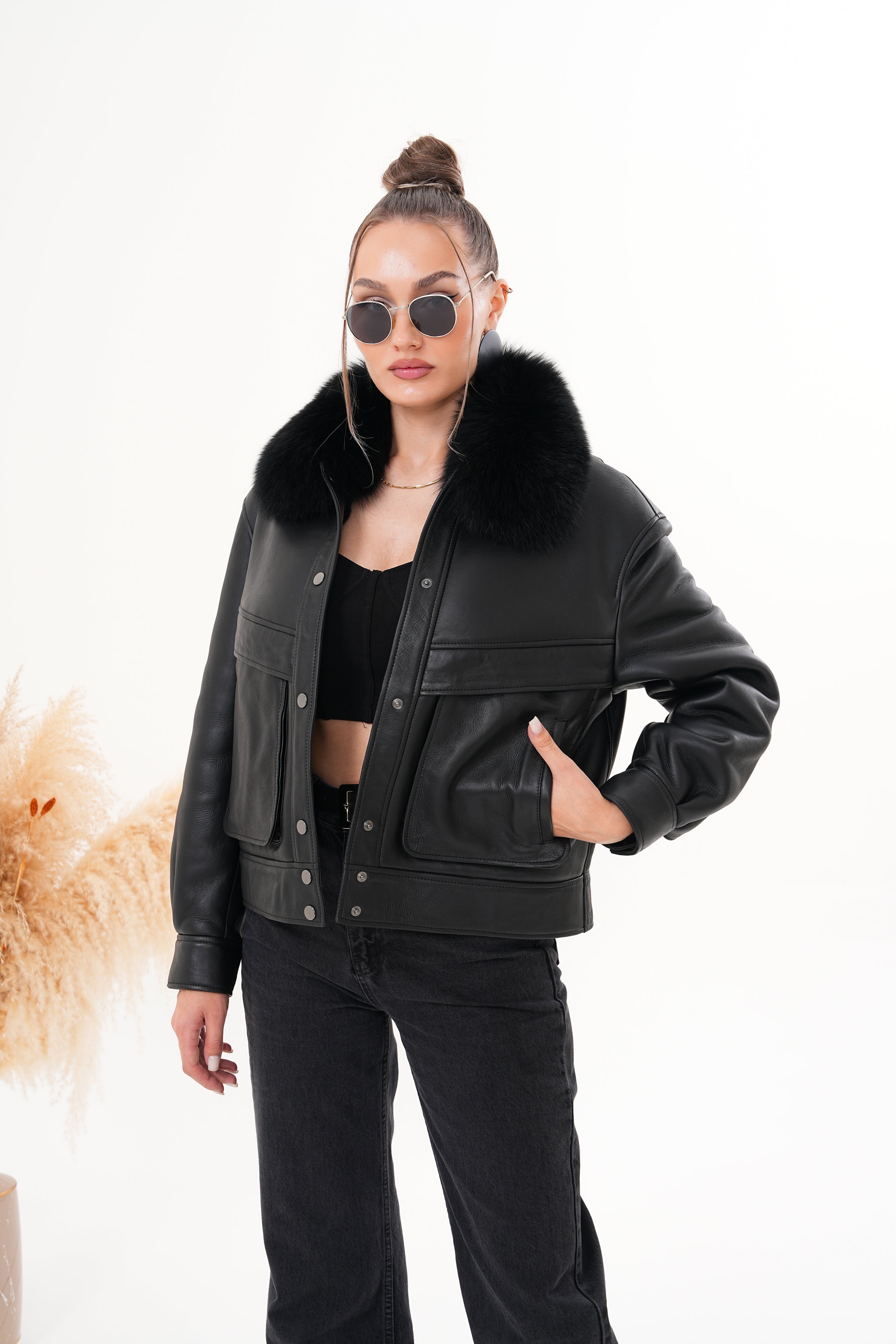 The Auretta Black Shearling Leather Jacket