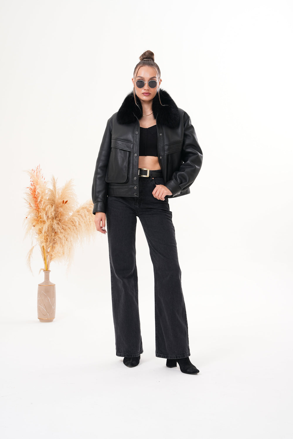 The Auretta Black Shearling Leather Jacket
