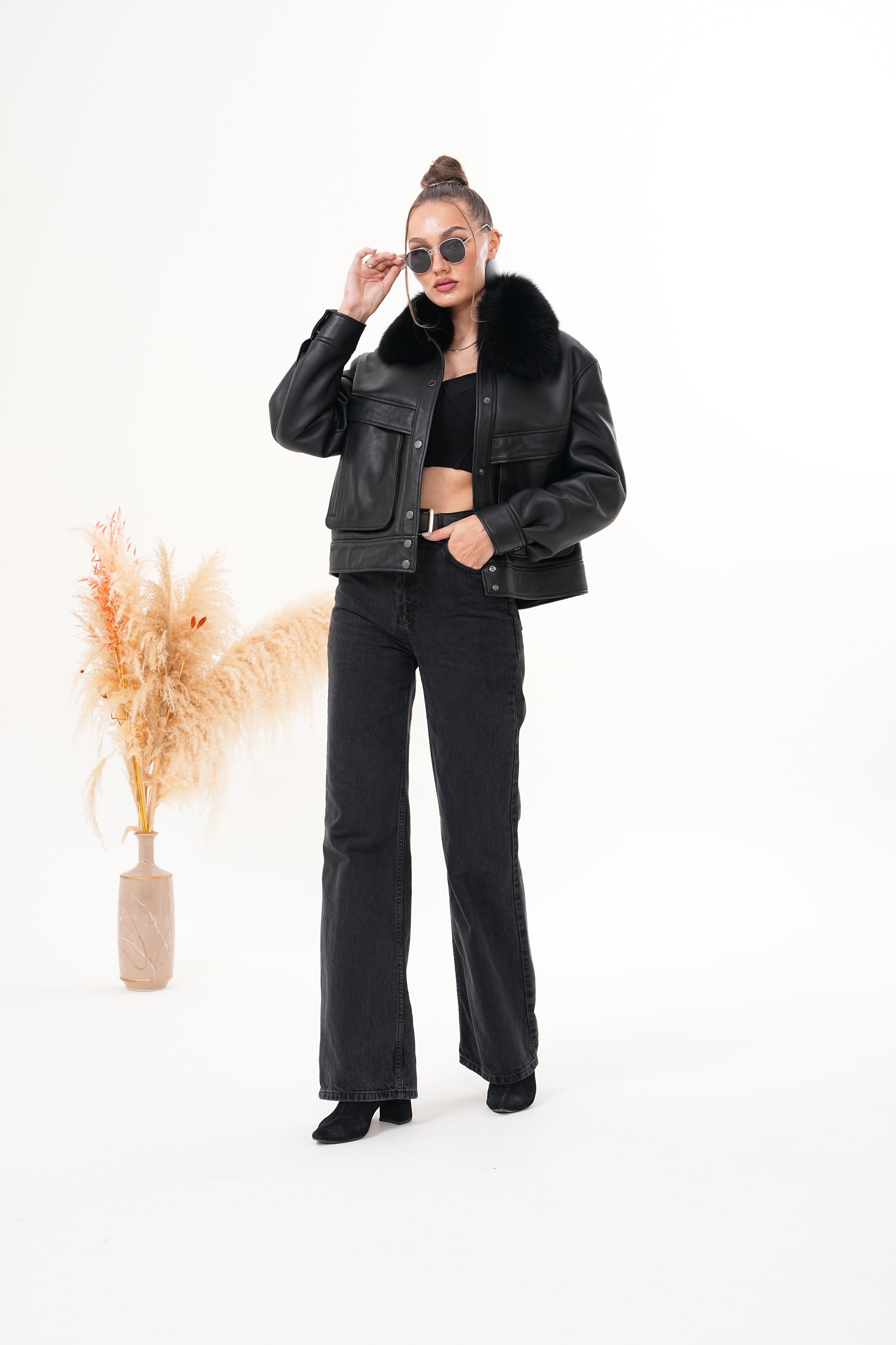 The Auretta Black Shearling Leather Jacket