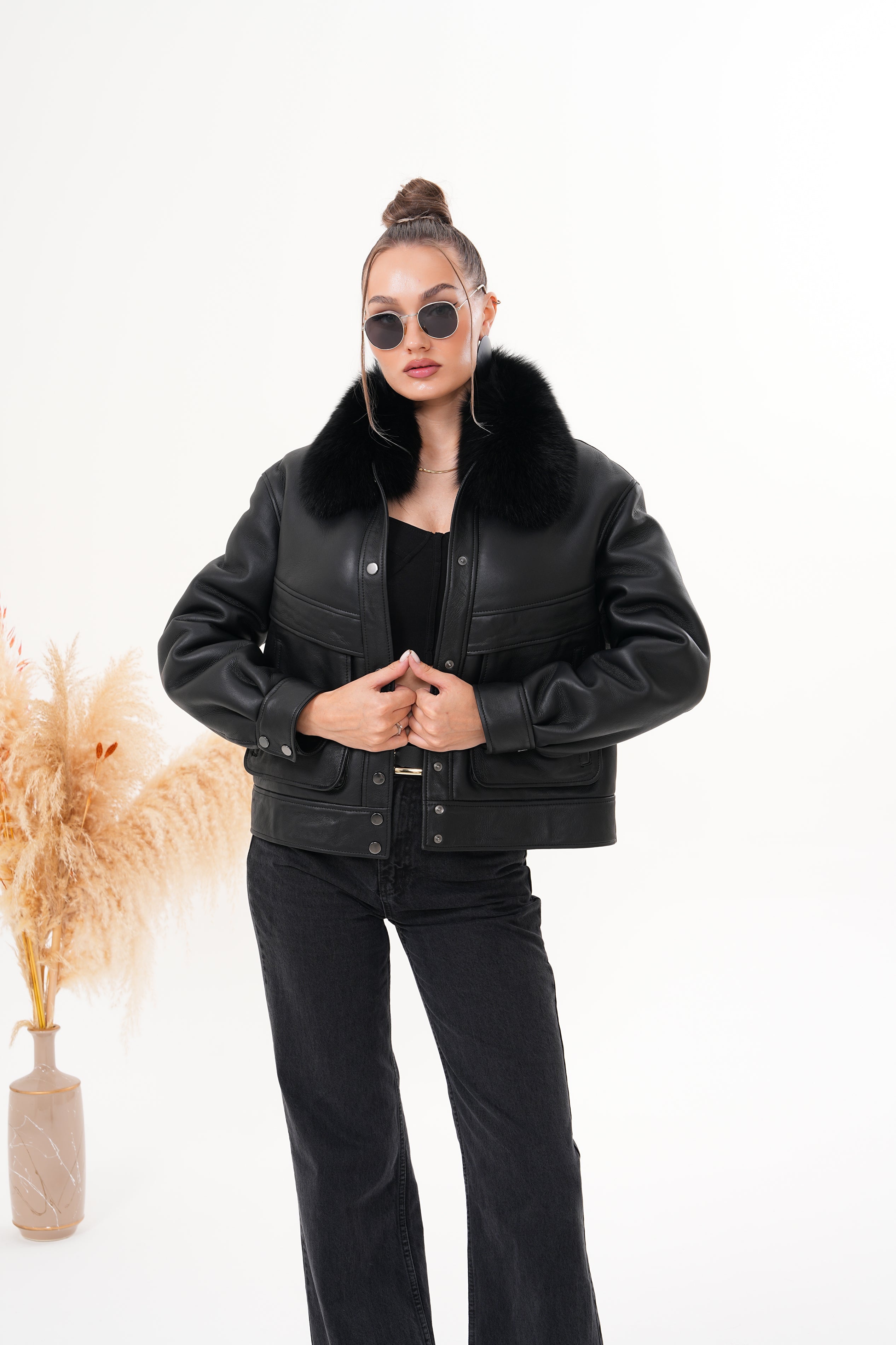 The Auretta Black Shearling Leather Jacket