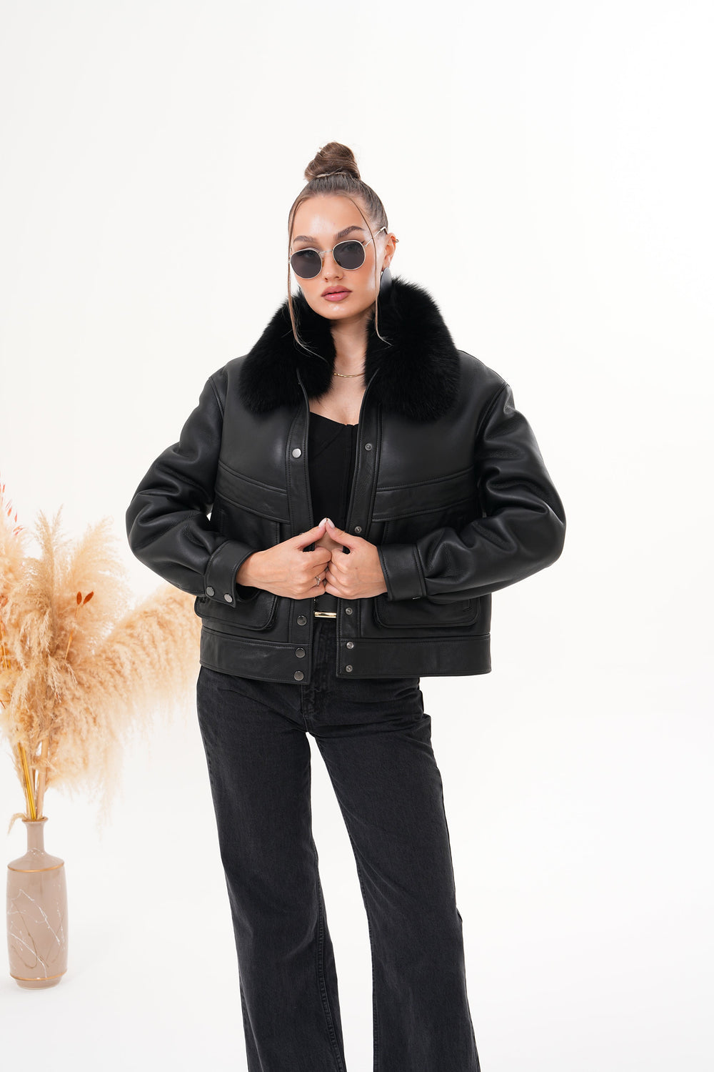 The Auretta Black Shearling Leather Jacket