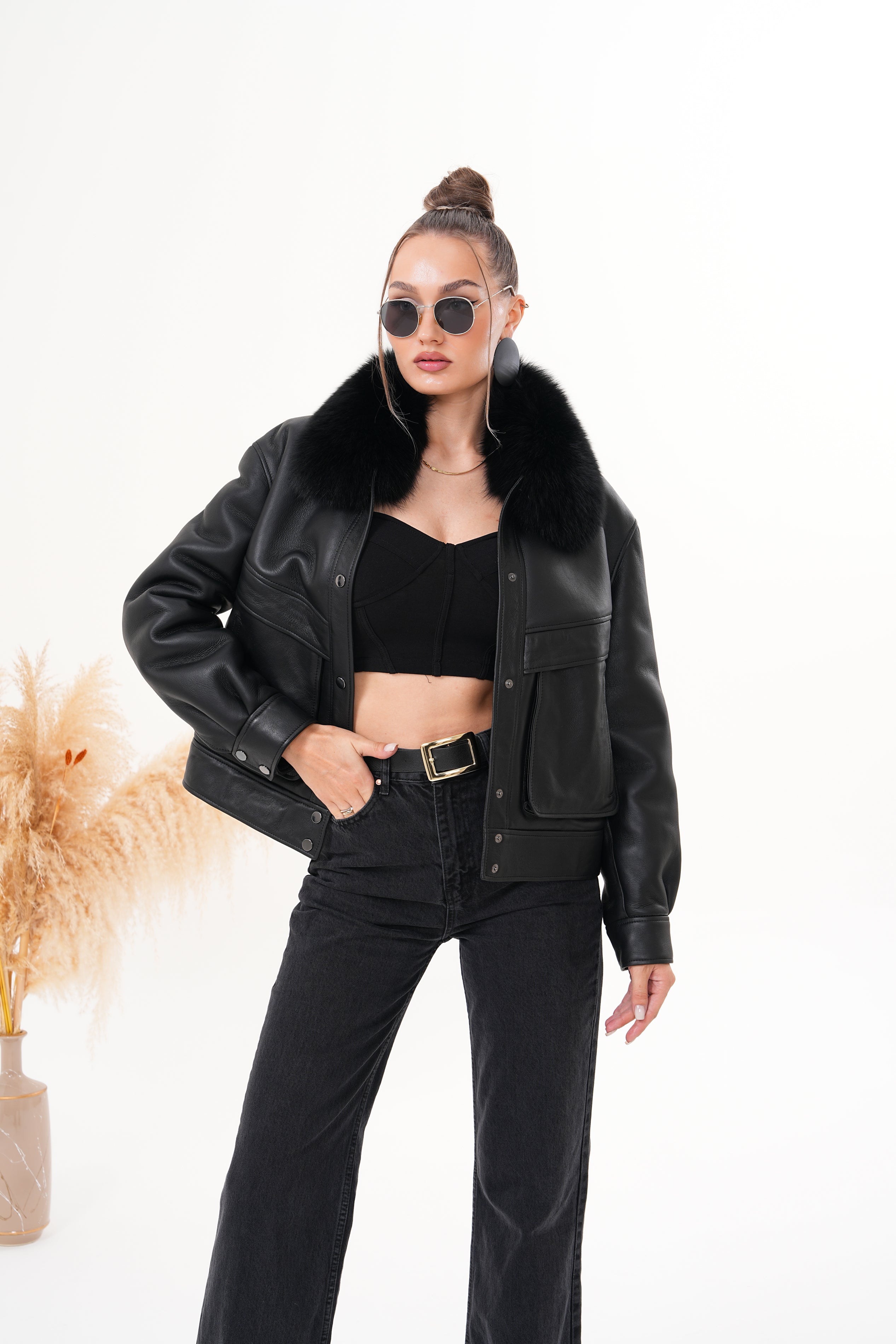 The Auretta Black Shearling Leather Jacket