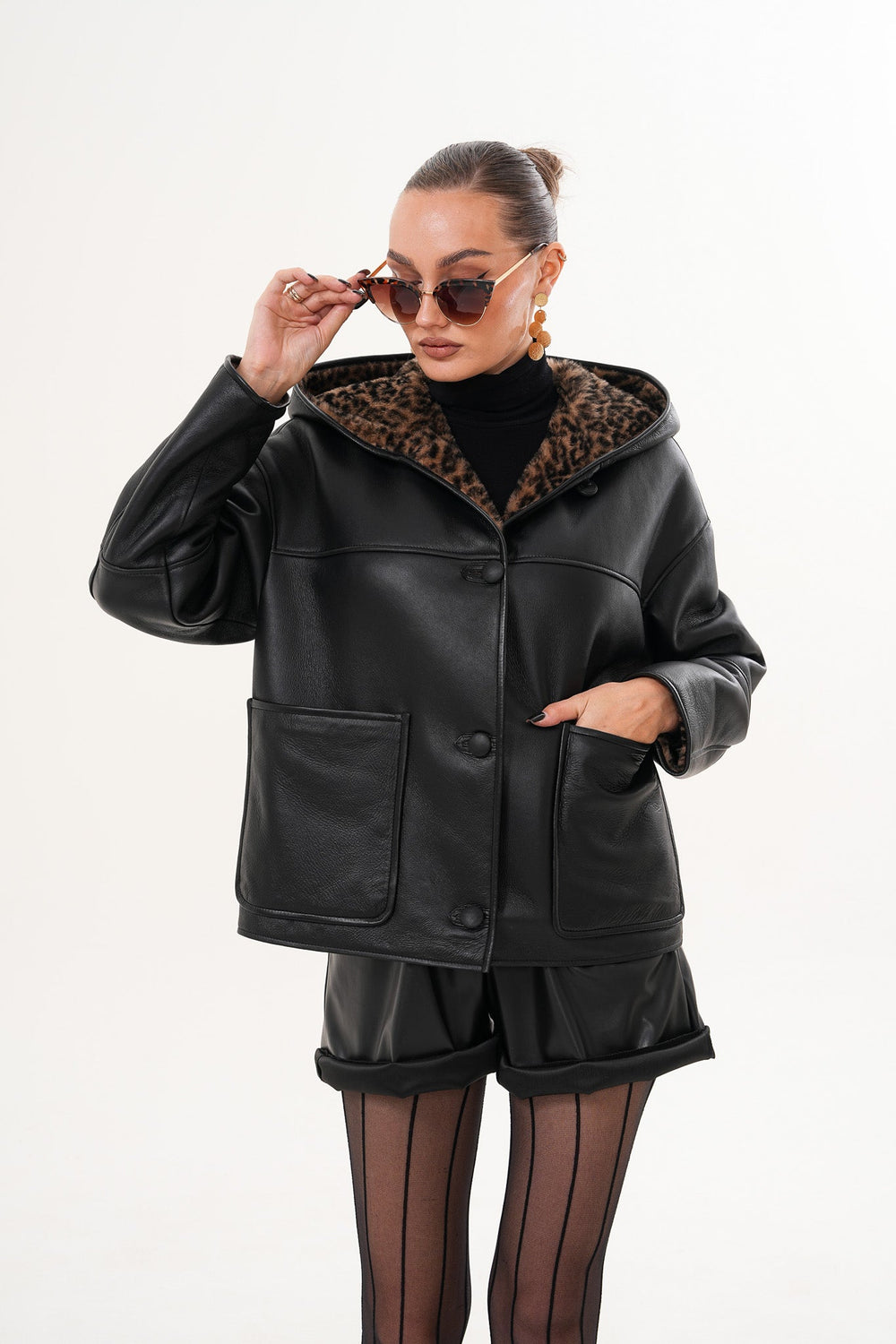 The Arlena Black \u0026amp; Leopard Shearling Leather Jacket