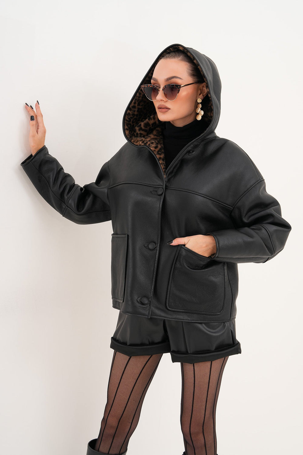 The Arlena Black \u0026amp; Leopard Shearling Leather Jacket