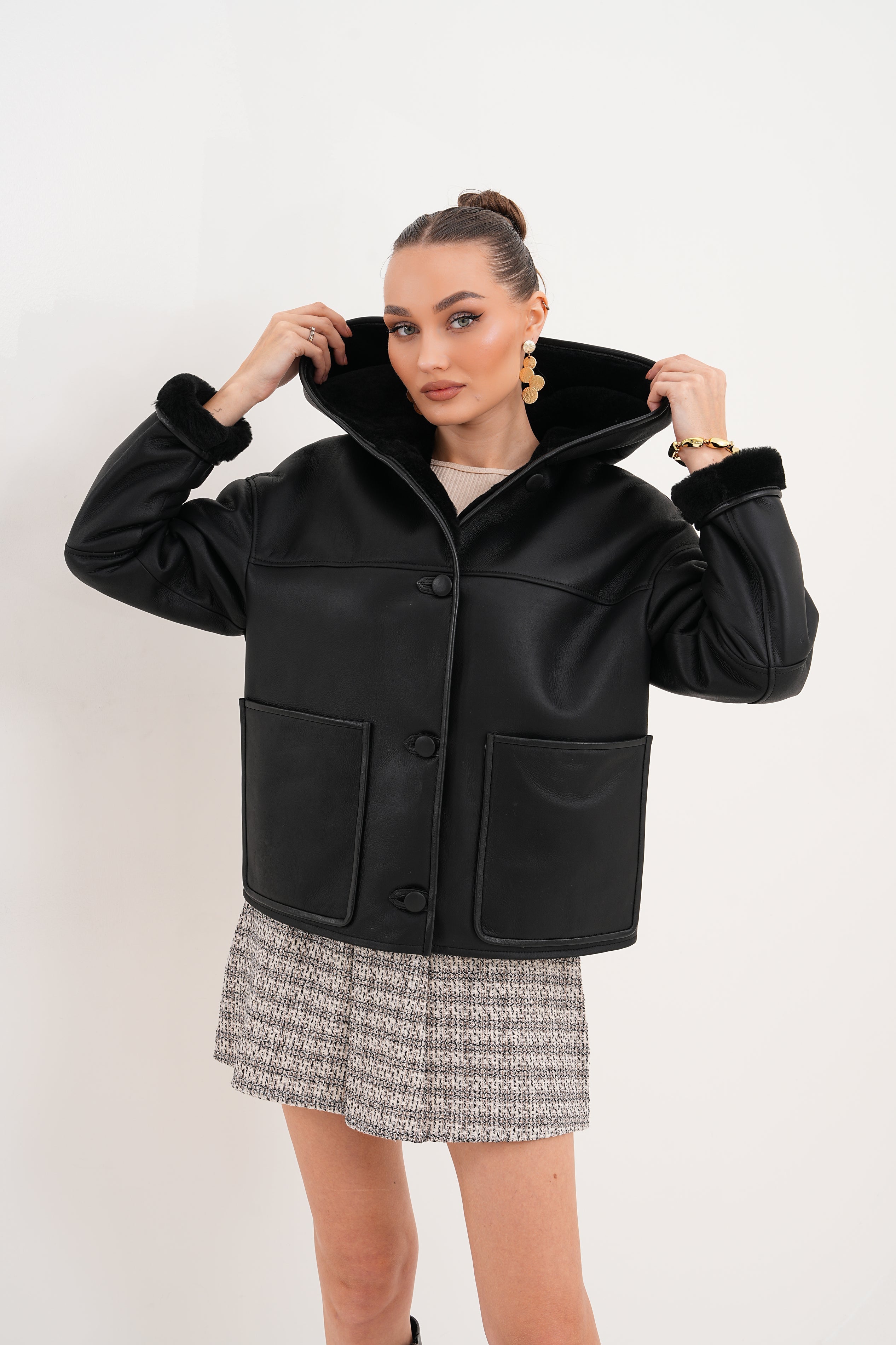The Arlena Black Shearling Leather Jacket