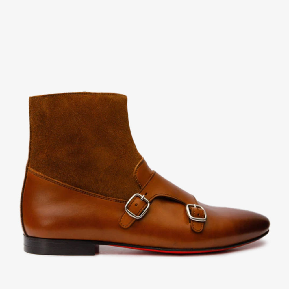 Preston Tan Leather Suede Double Monk Strap Ankle Boot