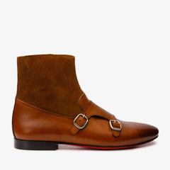 Preston Tan Leather Suede Double Monk Strap Ankle Boot