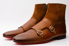 Preston Tan Leather Suede Double Monk Strap Ankle Boot