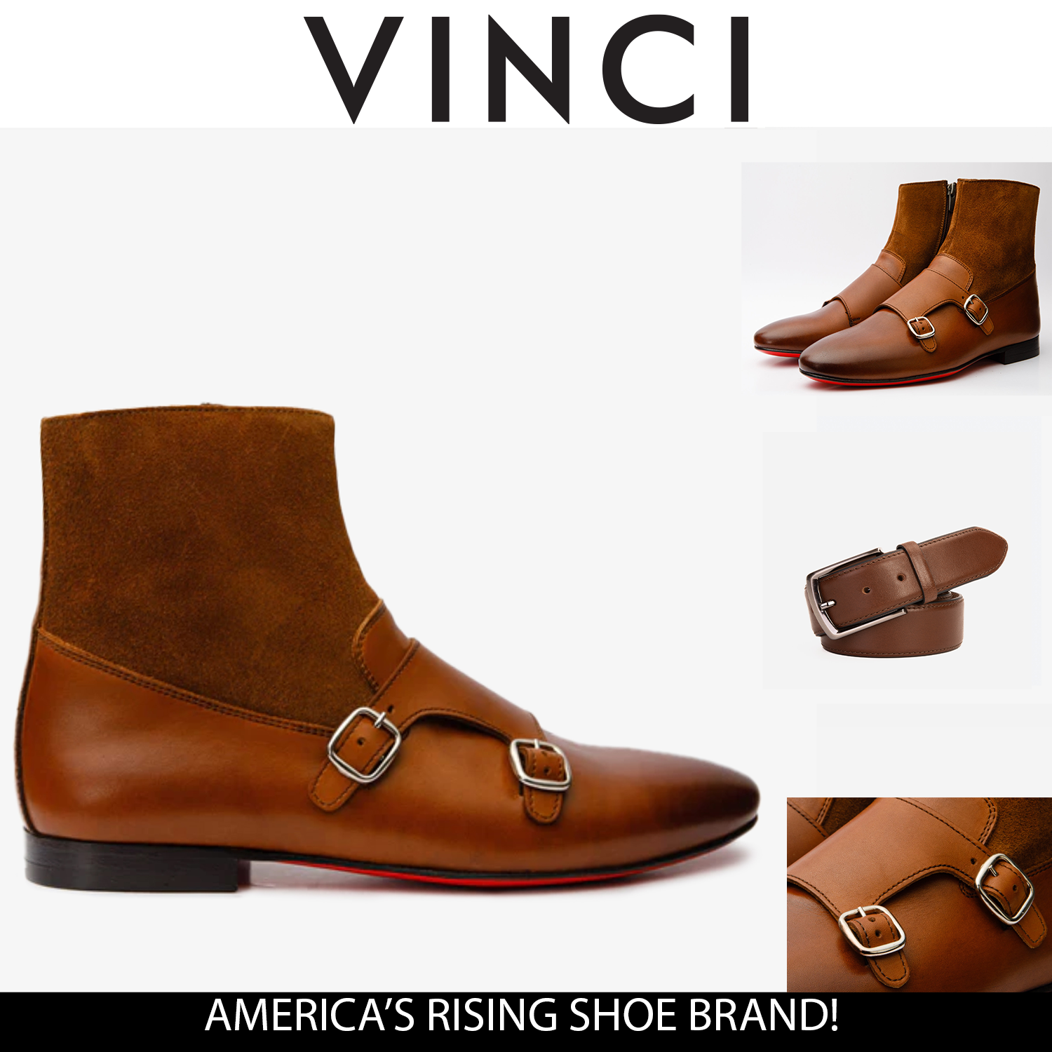 Preston Tan Leather Suede Double Monk Strap Ankle Boot