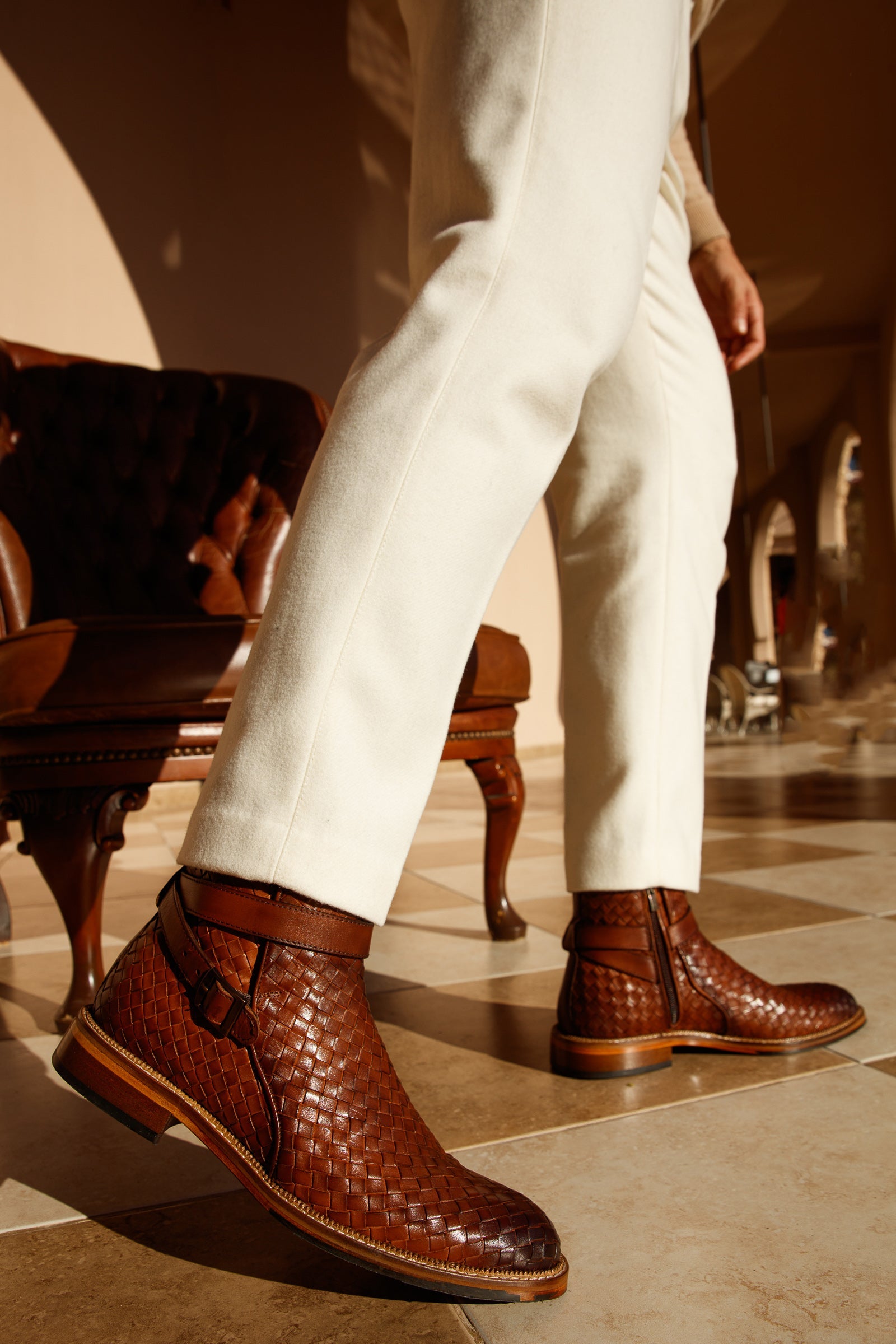 The Morral Tan Handwoven Leather Cross Strap Buckle Zip-Up Boot