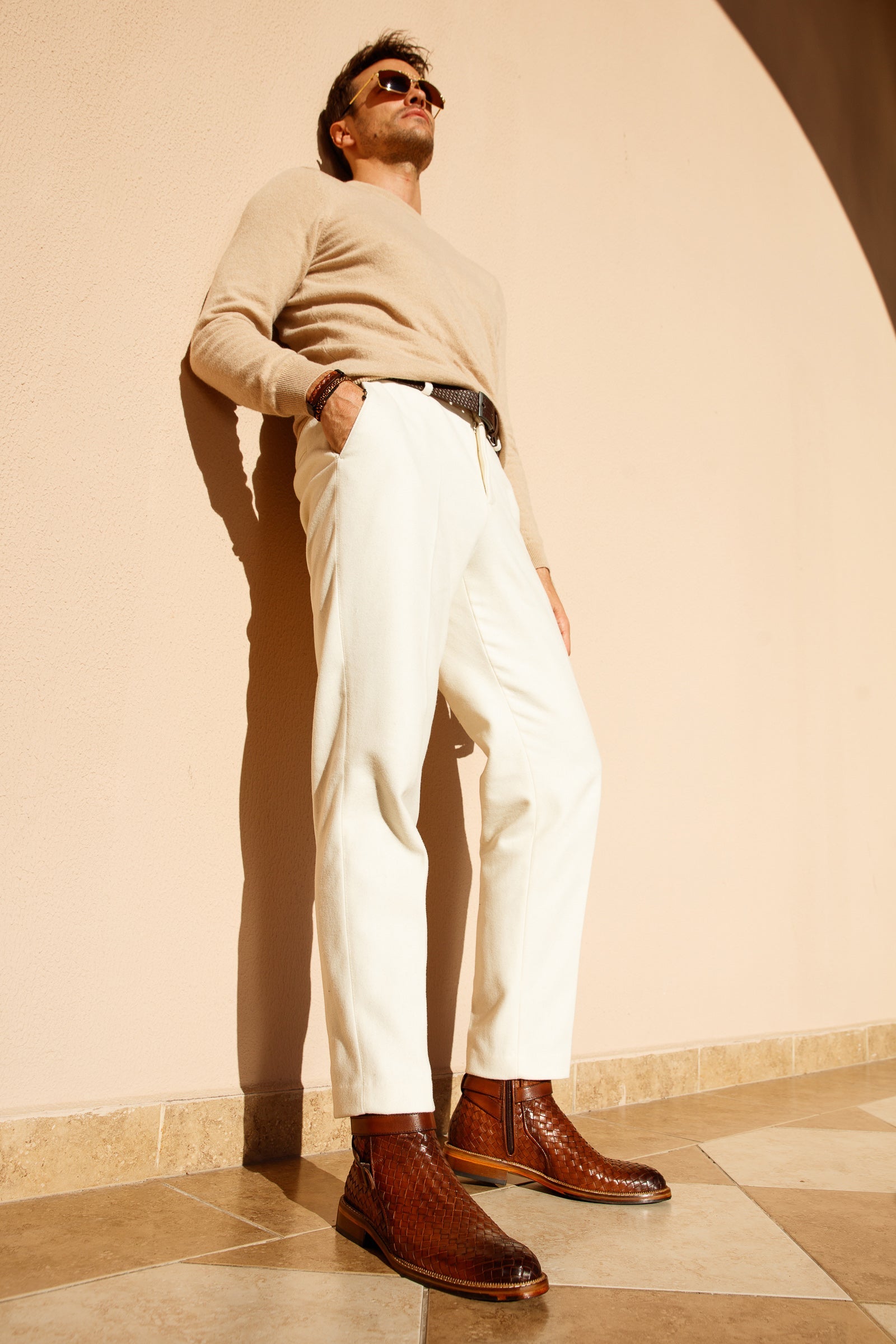 The Morral Tan Handwoven Leather Cross Strap Buckle Zip-Up Boot