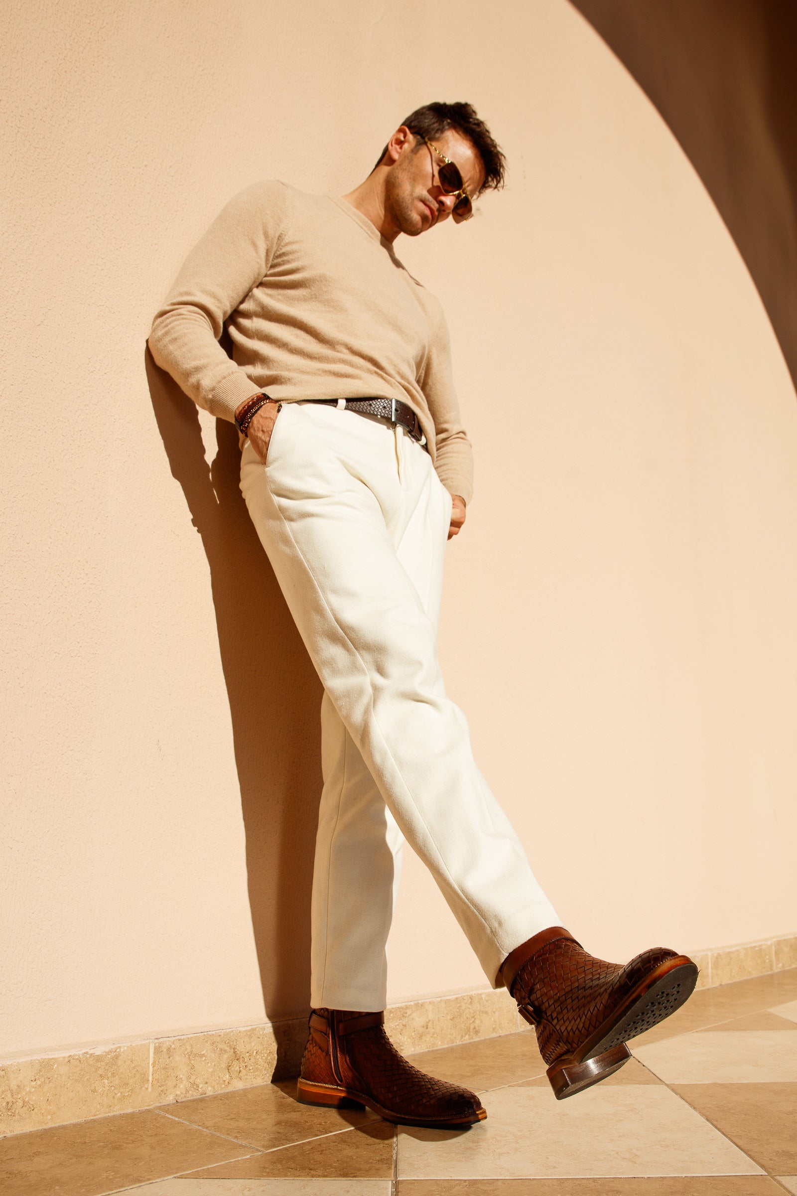 The Morral Tan Handwoven Leather Cross Strap Buckle Zip-Up Boot