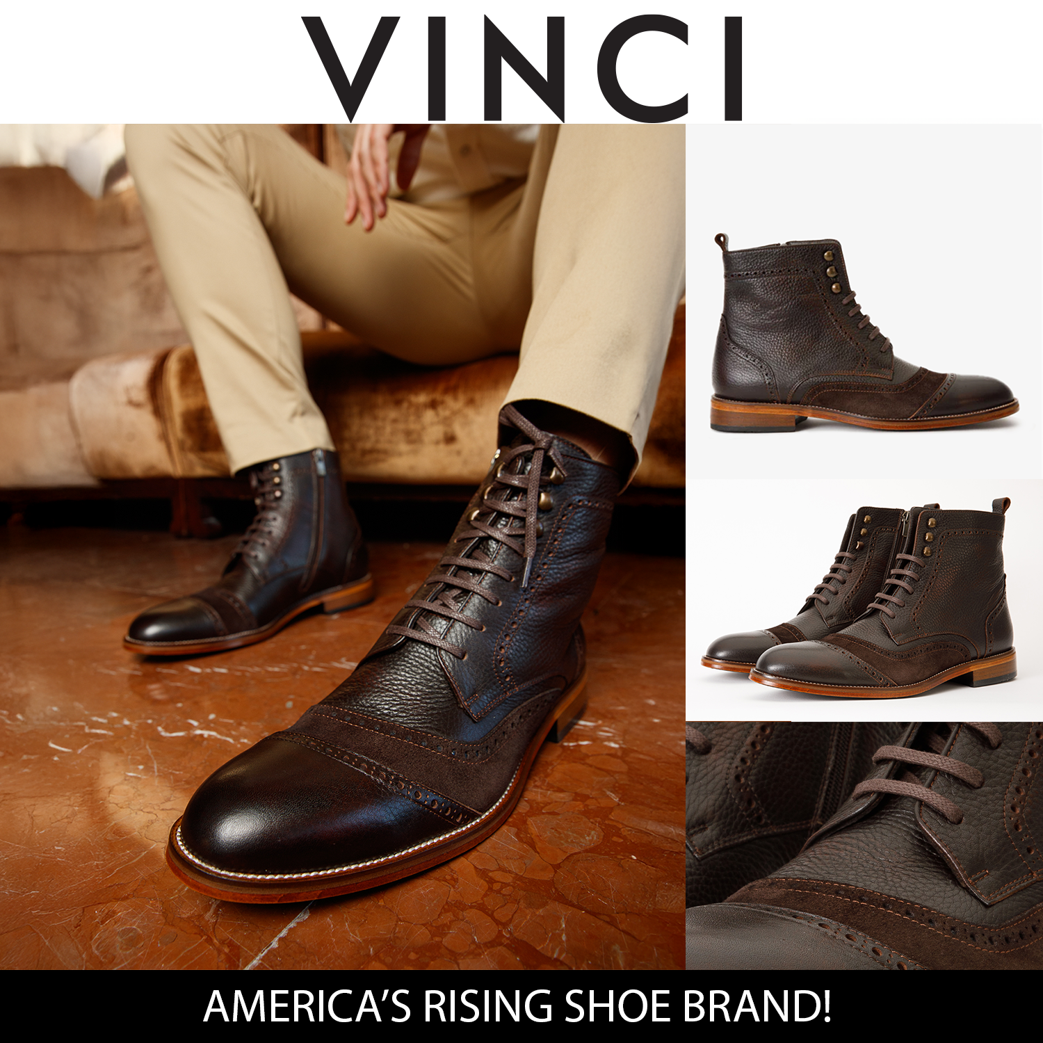 The Anderson Brown Leather Suede Brogue Lace-Up Boot with a Zipper