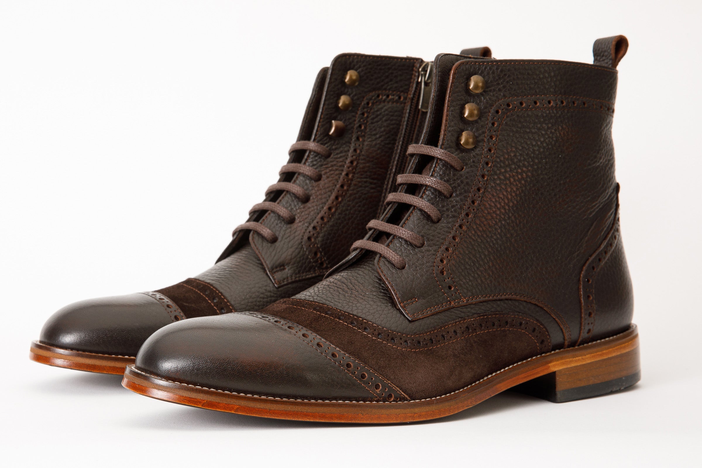 The Anderson Brown Leather Suede Brogue Lace-Up Boot with a Zipper