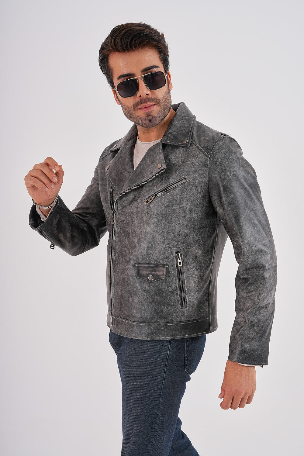 The Volt Textured Distressed Grey Leather Jacket
