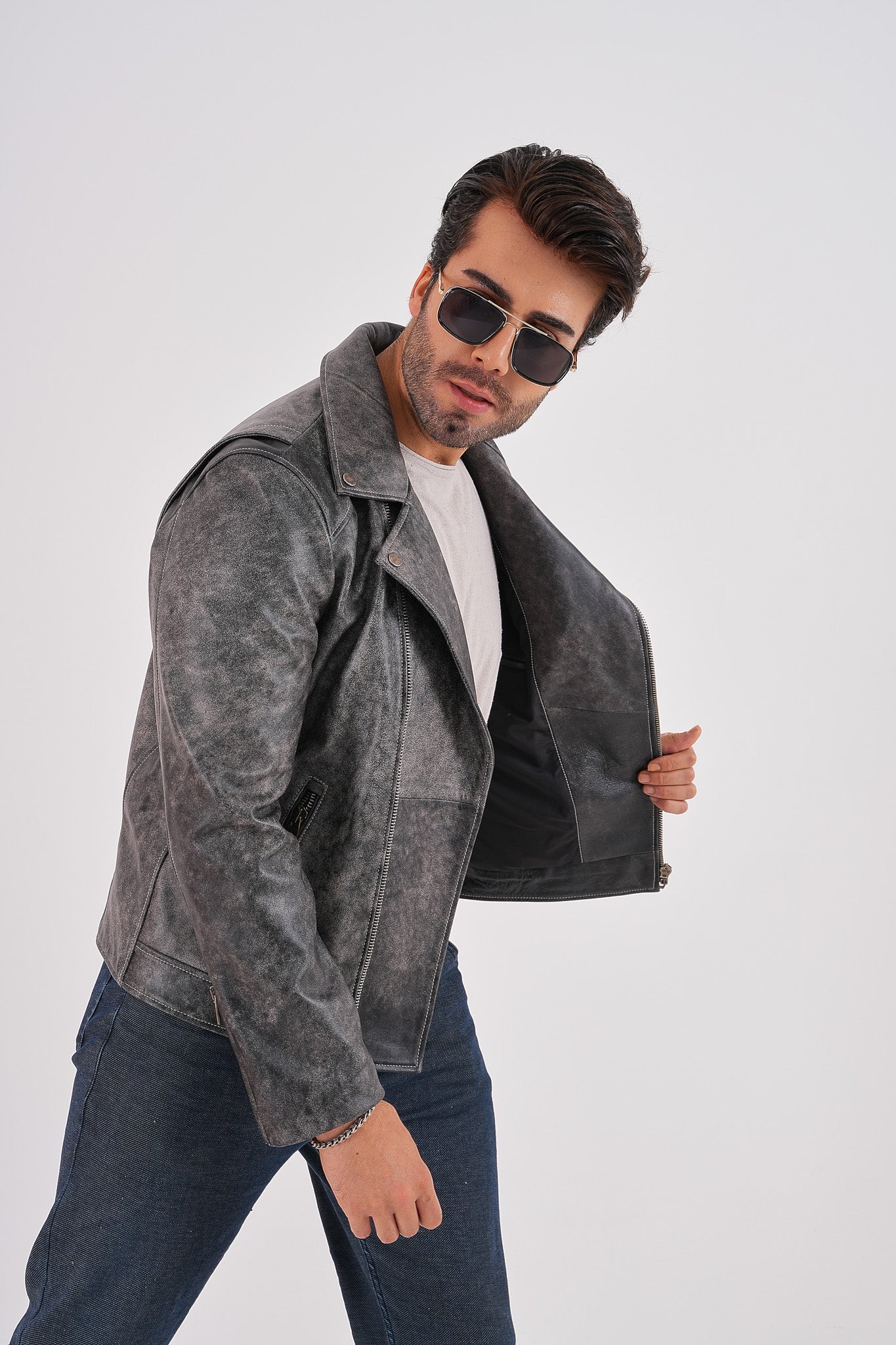 The Volt Textured Distressed Grey Leather Jacket