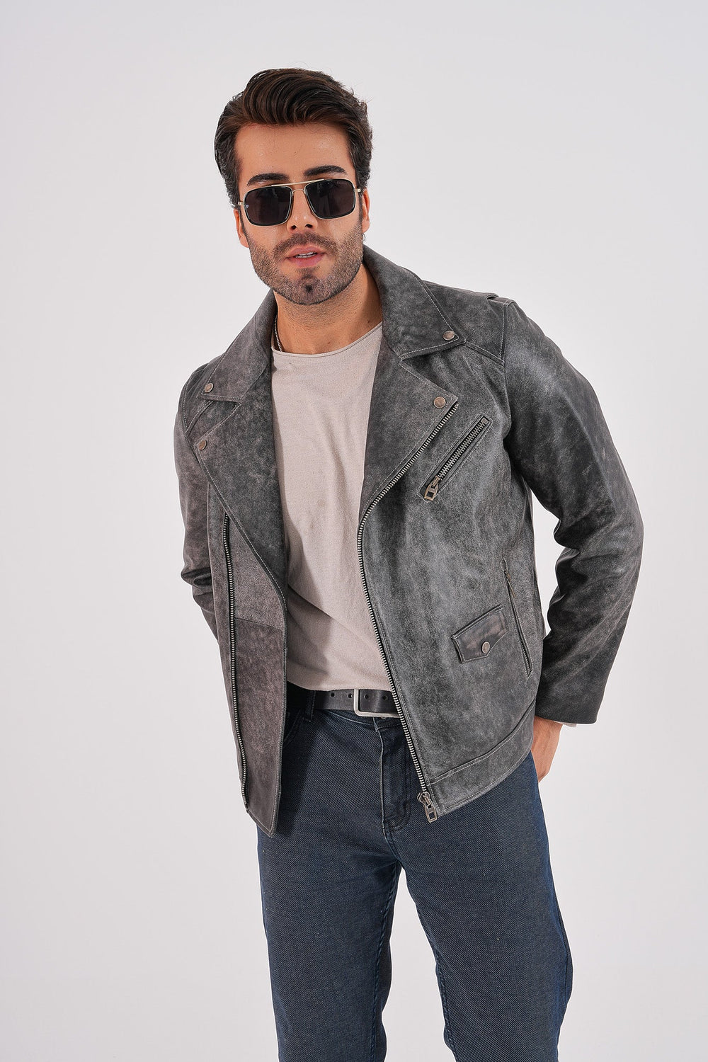 The Volt Textured Distressed Grey Leather Jacket