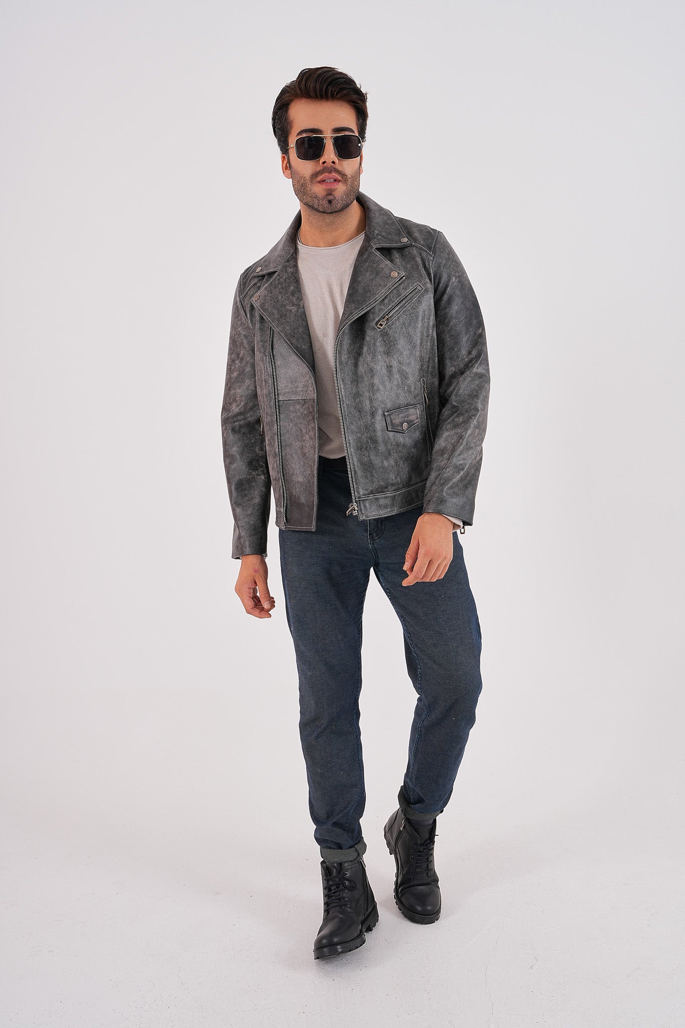 The Volt Textured Distressed Grey Leather Jacket