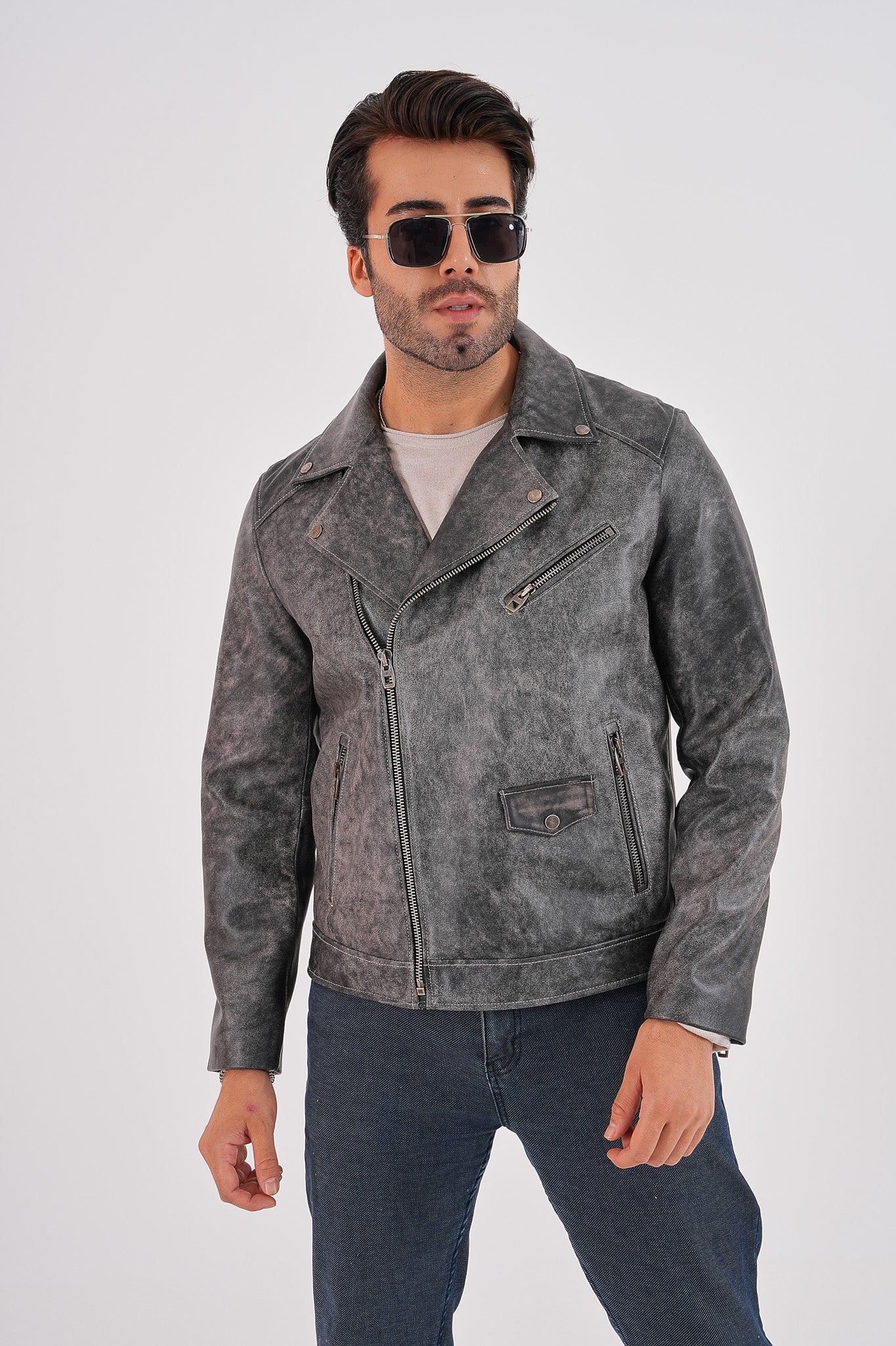 The Volt Textured Distressed Grey Leather Jacket