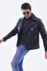 The Volt Textured Navy Blue Leather Jacket