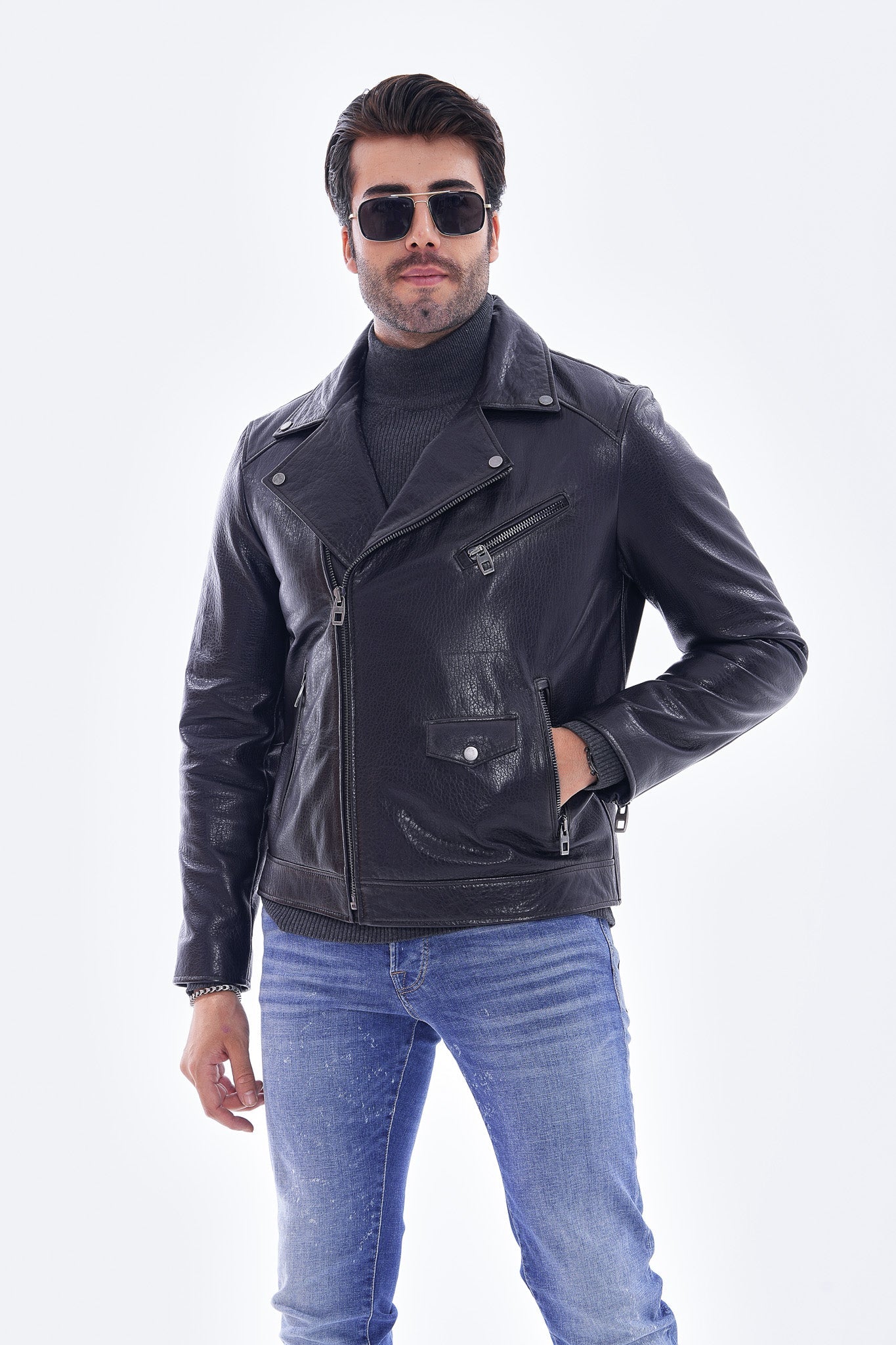 The Volt Textured Navy Blue Leather Jacket