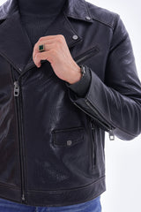 The Volt Textured Navy Blue Leather Jacket