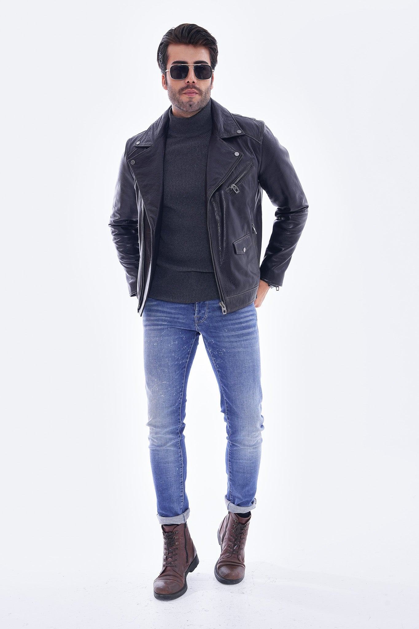 The Volt Textured Navy Blue Leather Jacket