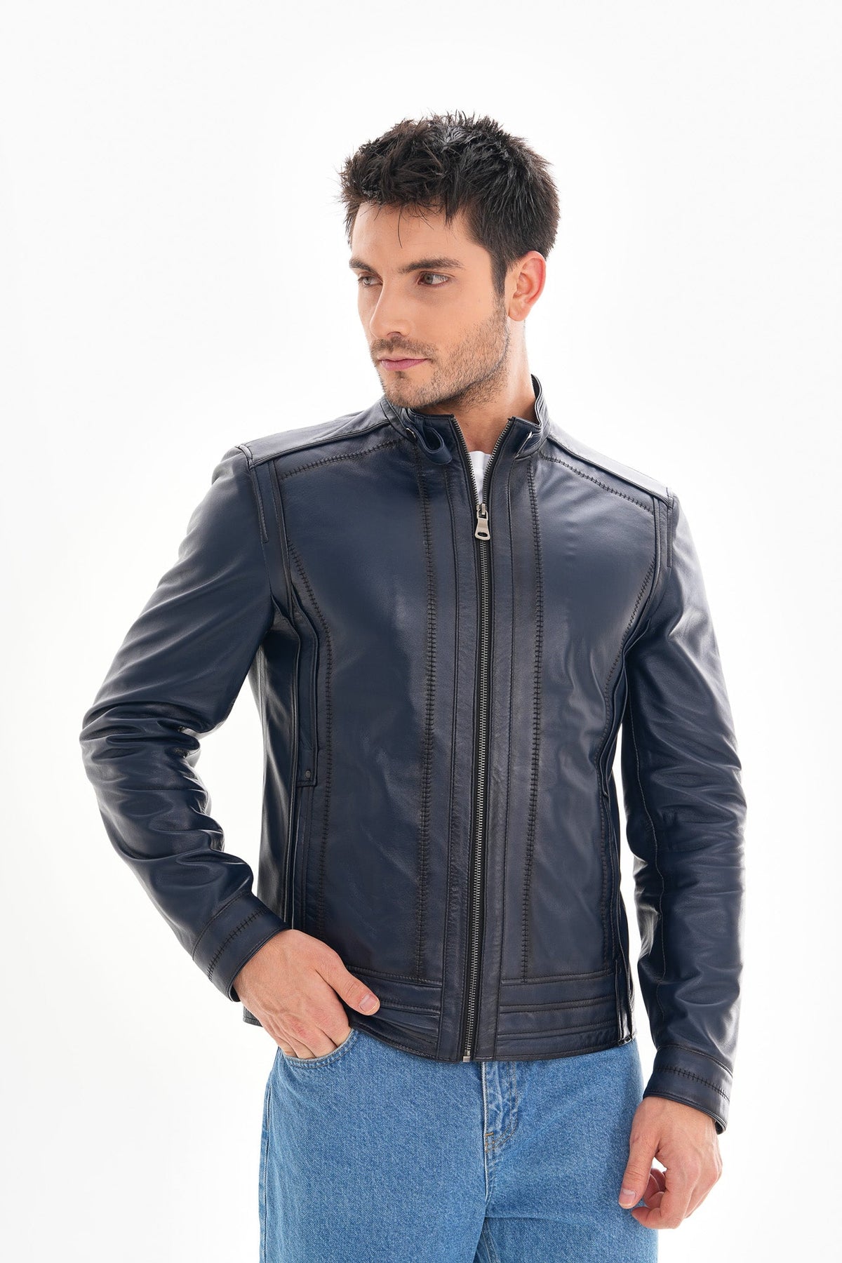The Arezzo Navy Blue Leather Jacket