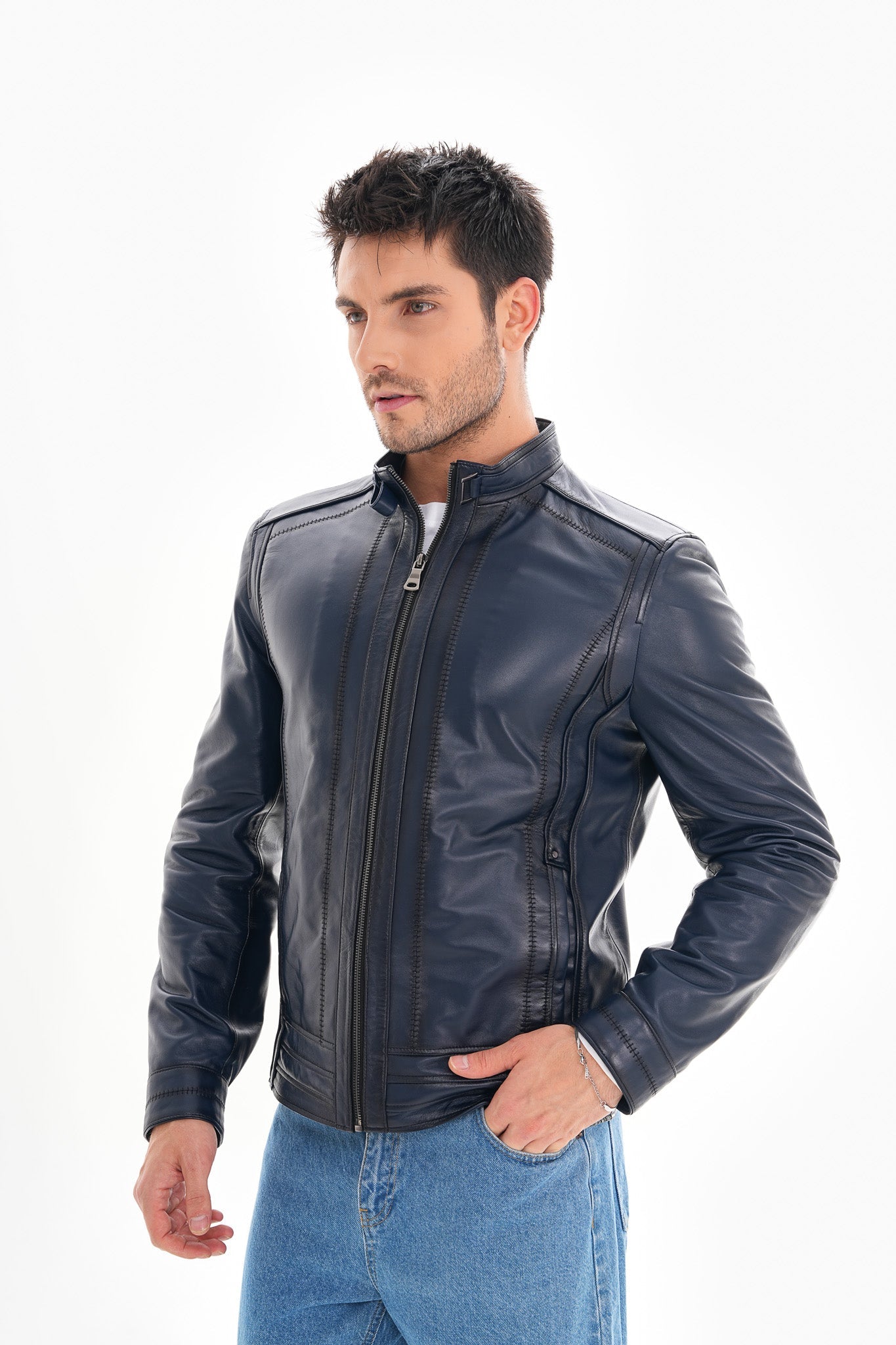 The Arezzo Navy Blue Leather Jacket