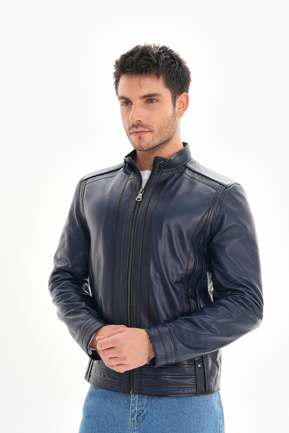 The Arezzo Navy Blue Leather Jacket